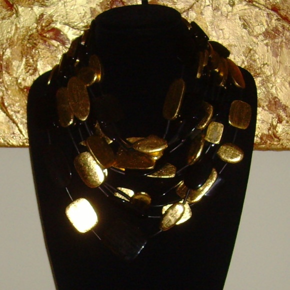 MONIES Gerda Lynggard Multi-Strand Black and Gold Leaf Statement Necklace - Picture 9 of 16